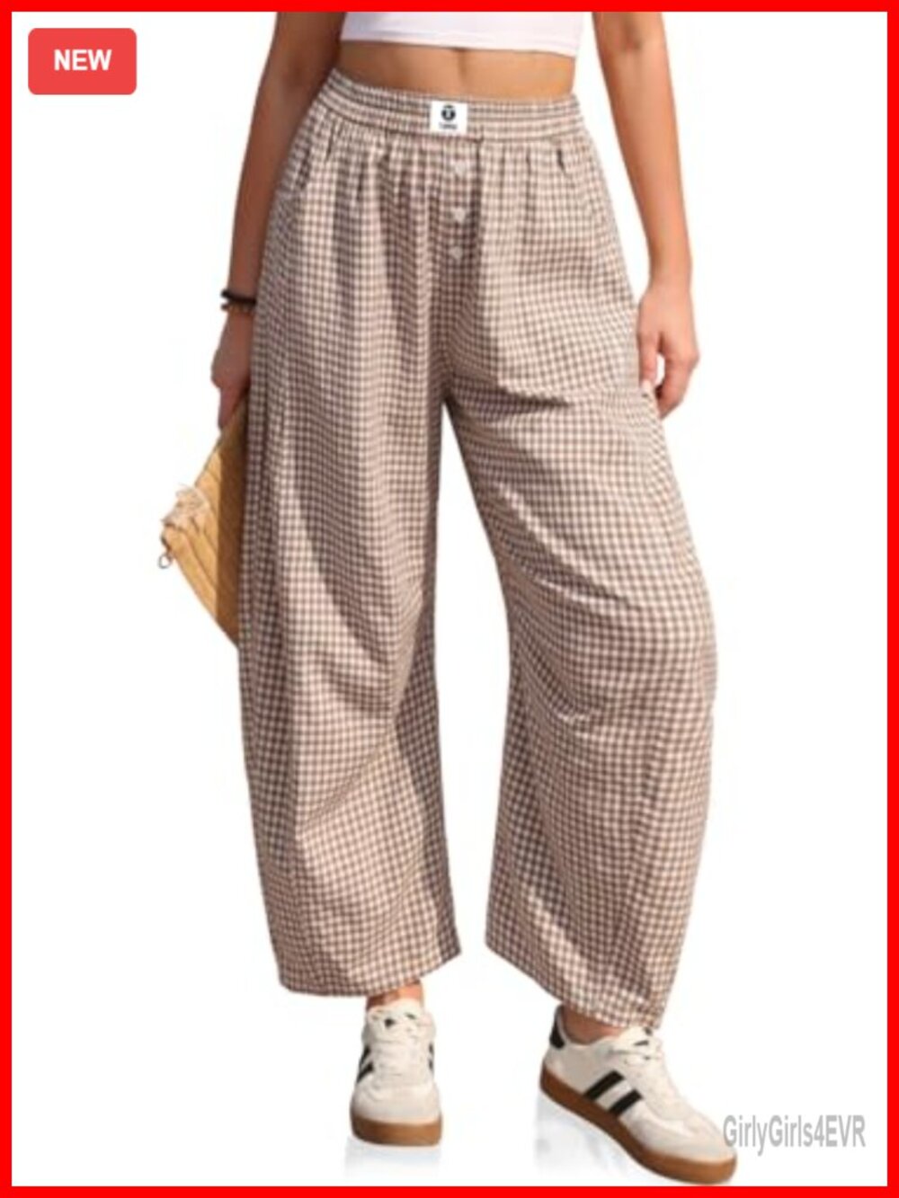 Womens Gingham Barrel Pants Wide Leg Linen Blend Casual Trousers
